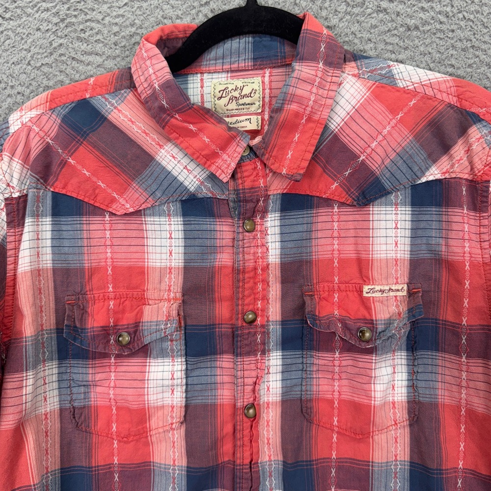 Lucky Brand Shirt Mens M Red Blue Plaid Short Sleeve Western Snap Front Cowboy